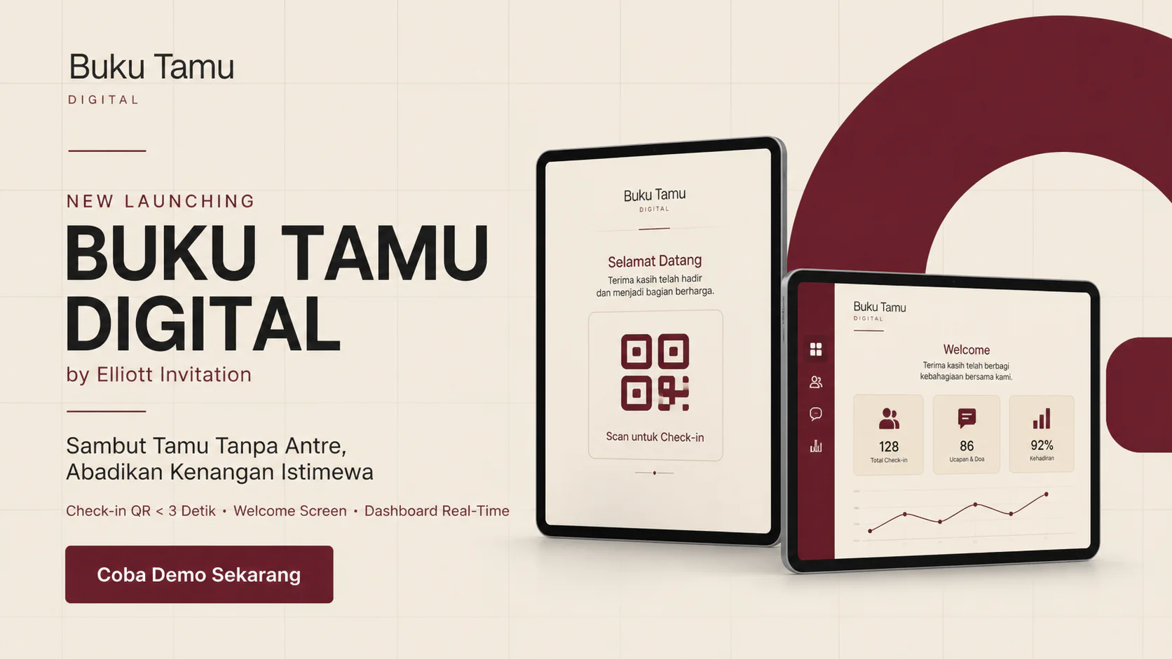 Buku Tamu Digital Elliott Invitation dengan check-in QR dan dashboard real-time